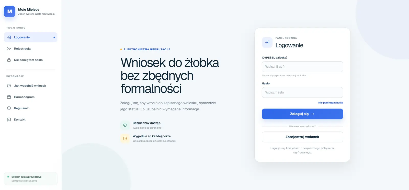 Rzeczywisty ekran logowania do panelu rodzica w Systemie zapisów Moje Miejsce